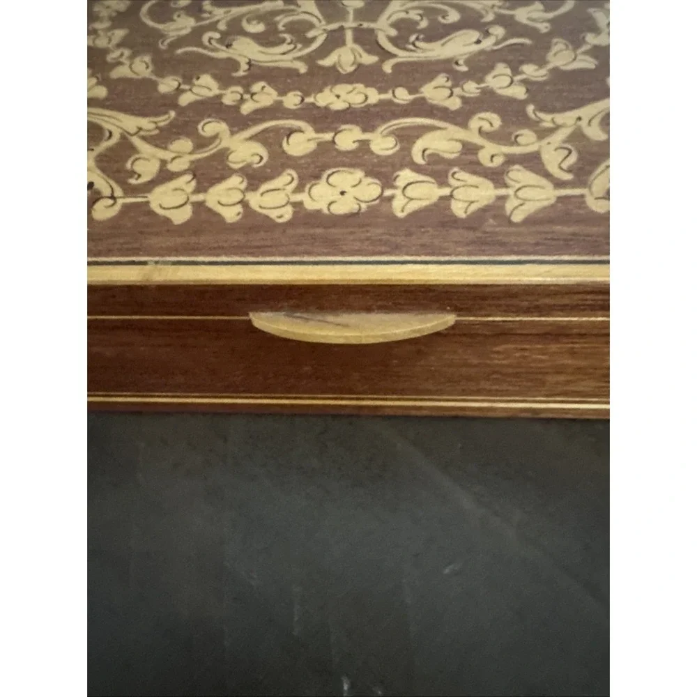 Vintage Wood Jewelry Box Bird and Angel Design Marquetry Inlay